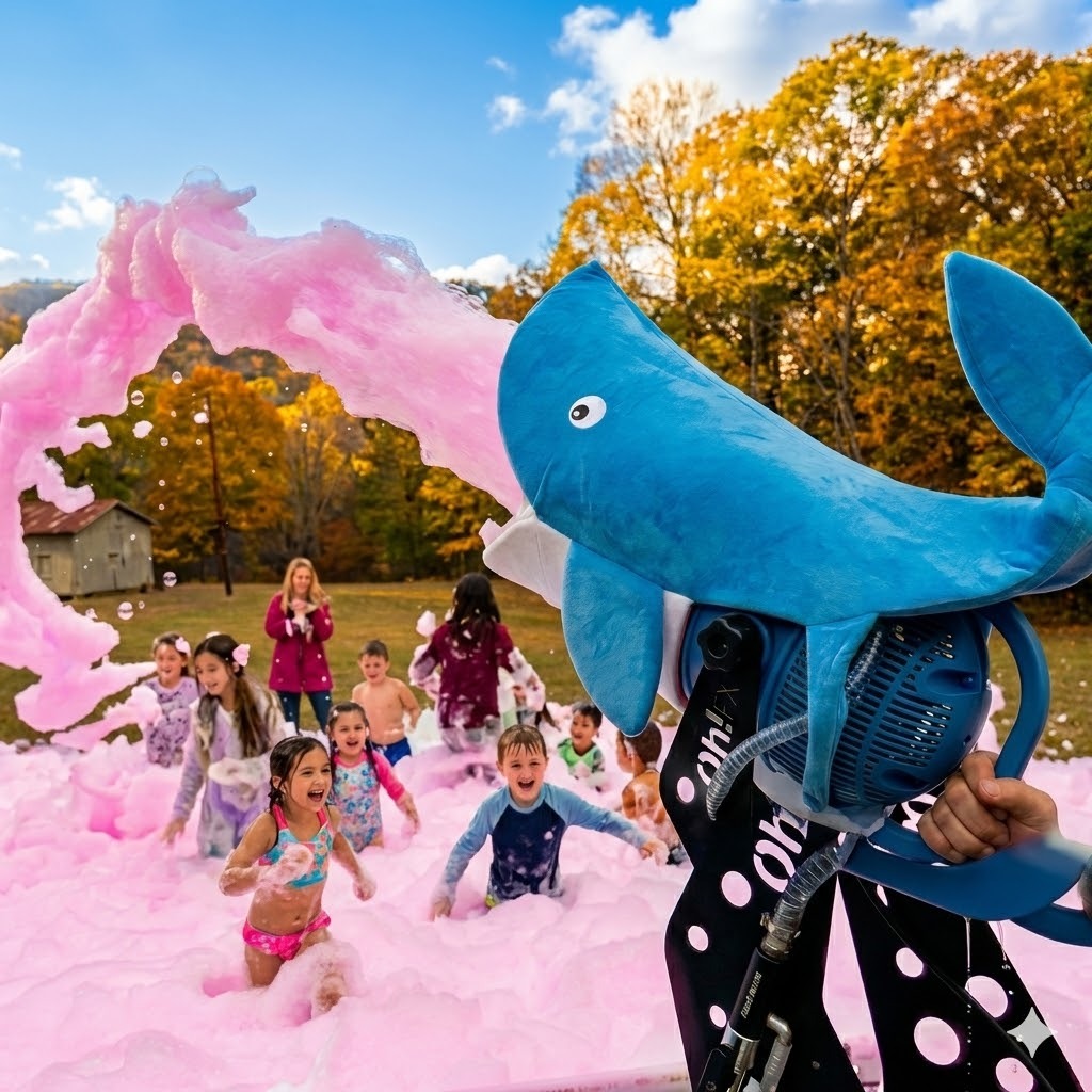 Bright pink foam shooting from a blue whale foam cannon while kids play in a grassy field on a sunny day.