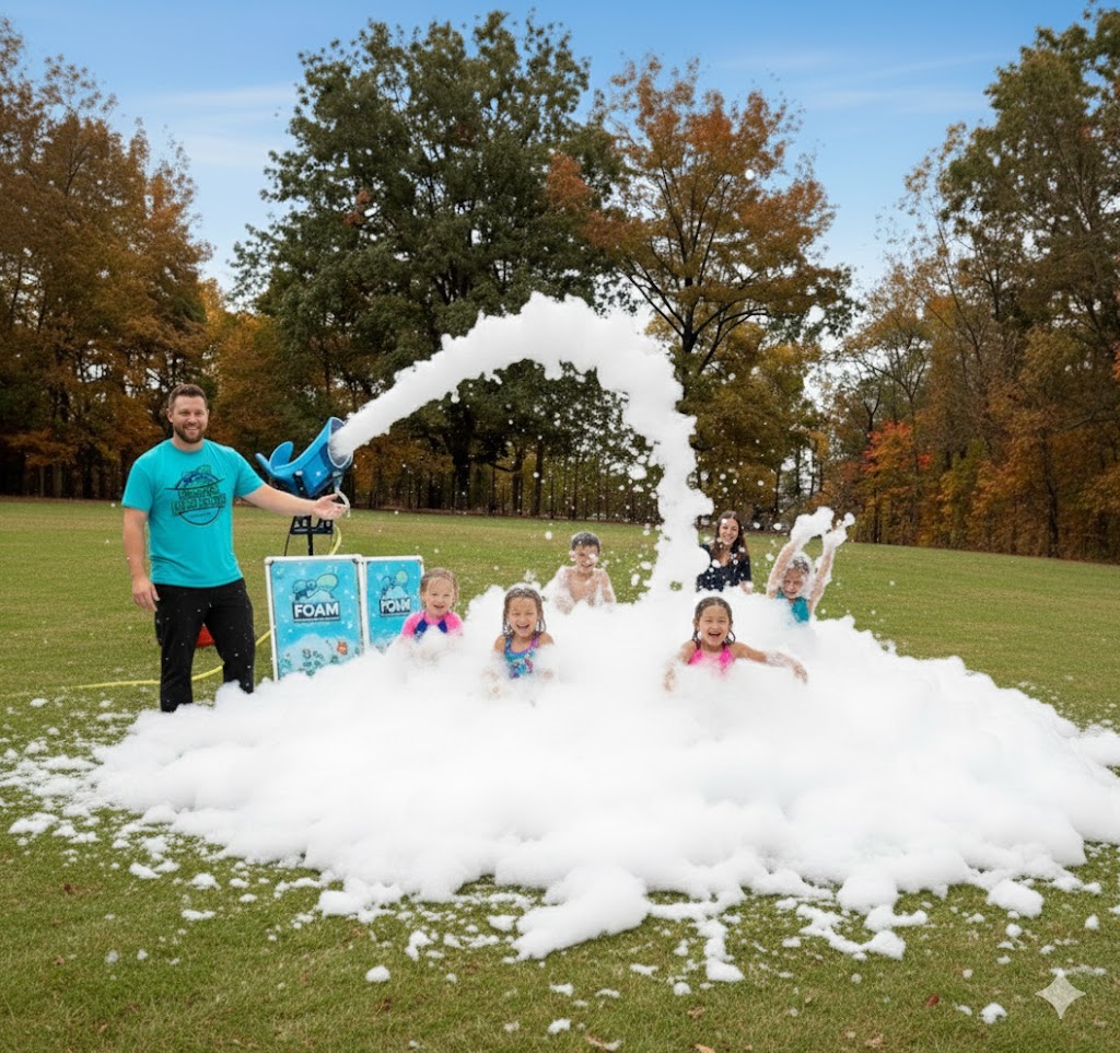 A professional outdoor scene of a foam party for children. In the center, a large pile of thick white foam is filled with laughing kids in swimwear. To the left, a blue whale-themed foam cannon is mounted on a stand, spraying a steady arc of foam into the pile. Next to the cannon stands a friendly male operator wearing a turquoise t-shirt with a company logo. Two branded equipment cases are positioned near the cannon, and a red generator is visible in the background. The setting is a lush green field bordered by autumn trees under a clear blue sky.